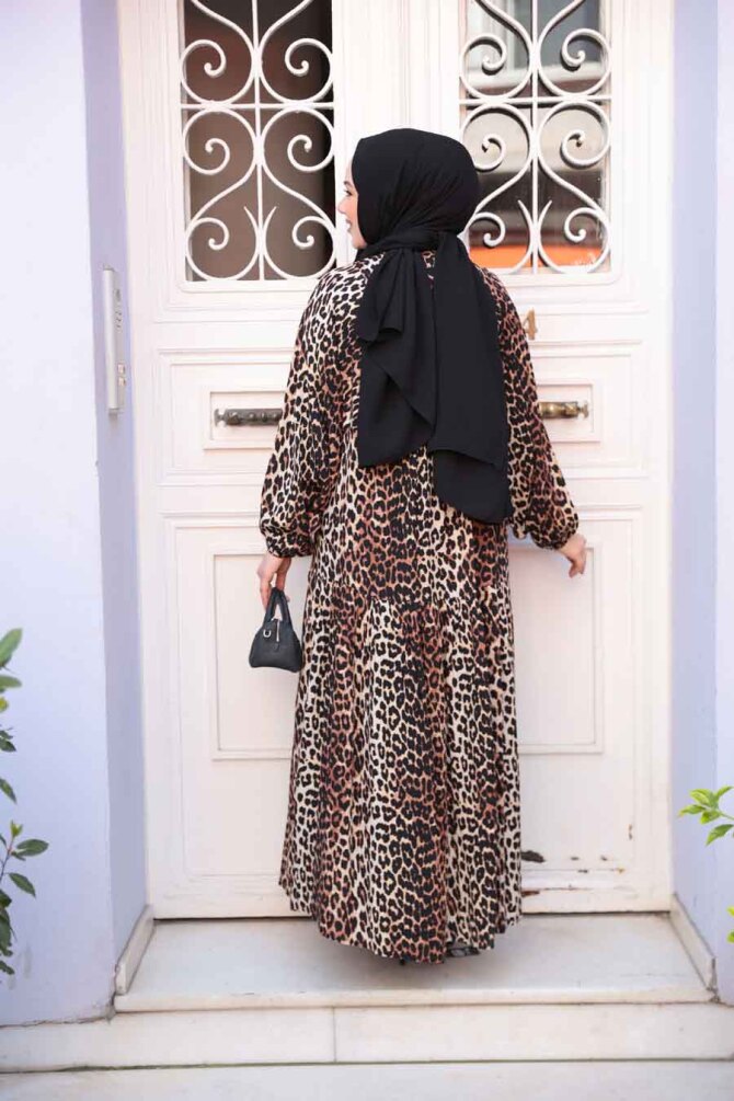 Leopar Desenli Tesettür Elbise 52942LP - 3