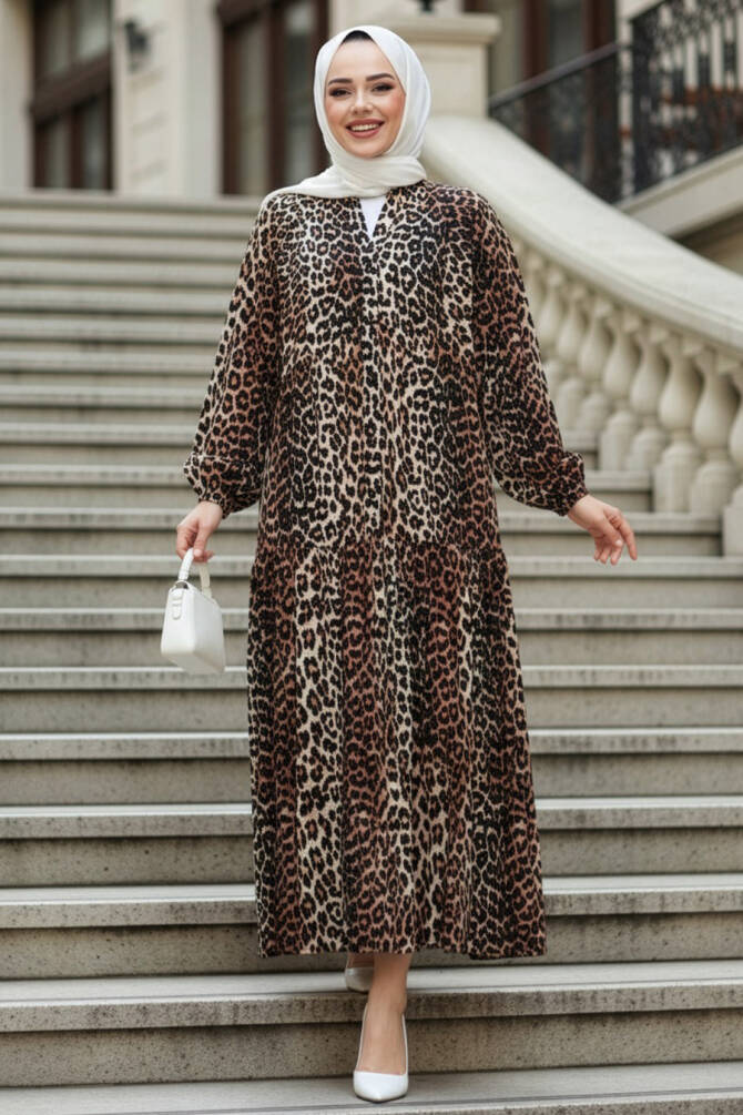 Leopar Desenli Tesettür Elbise 52942LP - 1