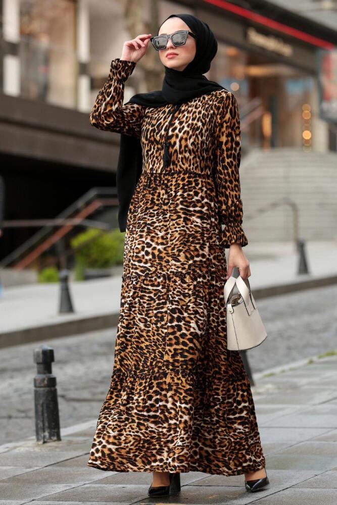 Leopar Desenli Tesettür Elbise 10082LP - 1