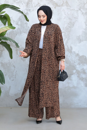 Leopar Desenli Tesettür İkili Kimono Takım 12882LP - 1
