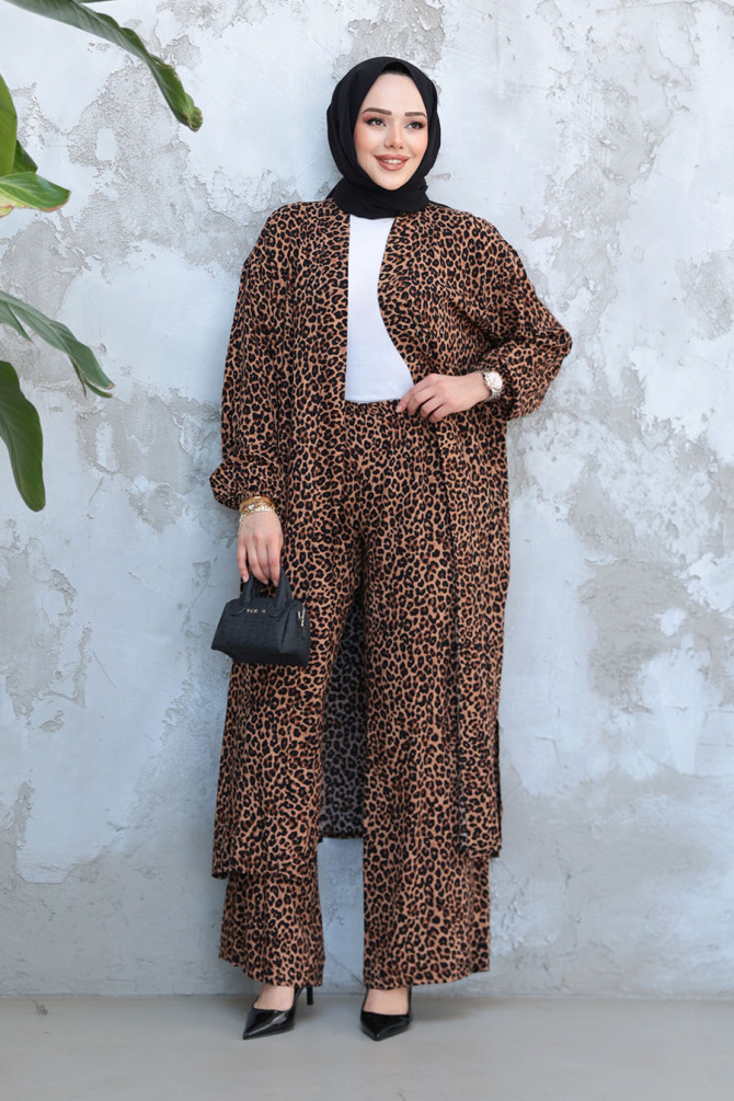 Leopar Desenli Tesettür İkili Kimono Takım 12882LP - 2