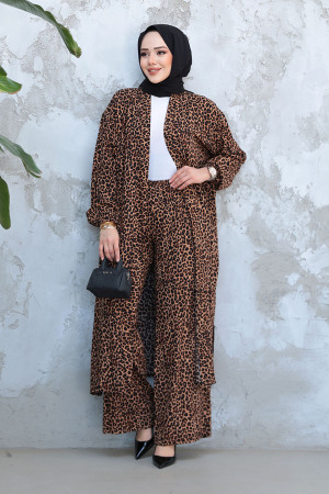 Leopar Desenli Tesettür İkili Kimono Takım 12882LP - 3