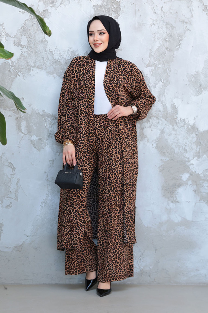 Leopar Desenli Tesettür İkili Kimono Takım 12882LP - 3