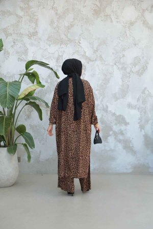 Leopar Desenli Tesettür İkili Kimono Takım 12882LP - 4