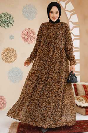 Leopar Desenli Tesettür Şifon Elbise 23605LP - 1