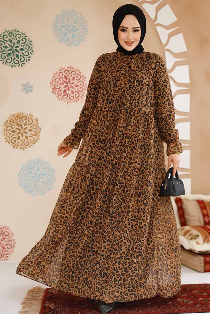 Leopar Desenli Tesettür Şifon Elbise 23605LP - 1