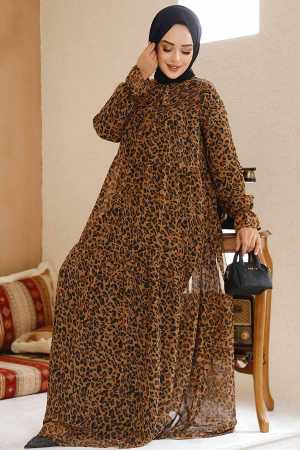 Leopar Desenli Tesettür Şifon Elbise 23605LP - 2
