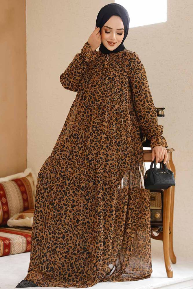 Leopar Desenli Tesettür Şifon Elbise 23605LP - 2