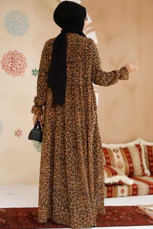 Leopar Desenli Tesettür Şifon Elbise 23605LP - 3