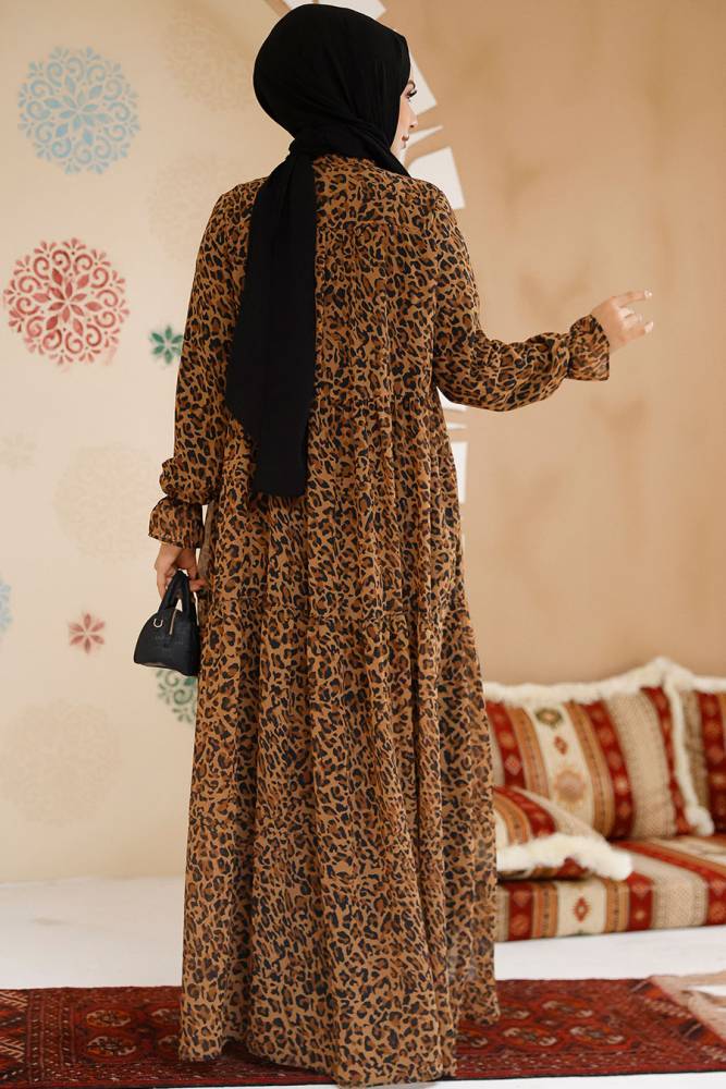 Leopar Desenli Tesettür Şifon Elbise 23605LP - 3
