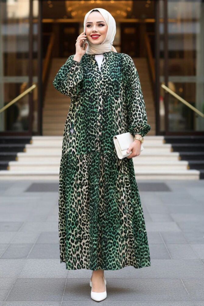 Leopar Desenli Yeşil Tesettür Elbise 52942Y - 1