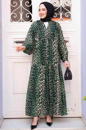 Leopar Desenli Yeşil Tesettür Elbise 52942Y 