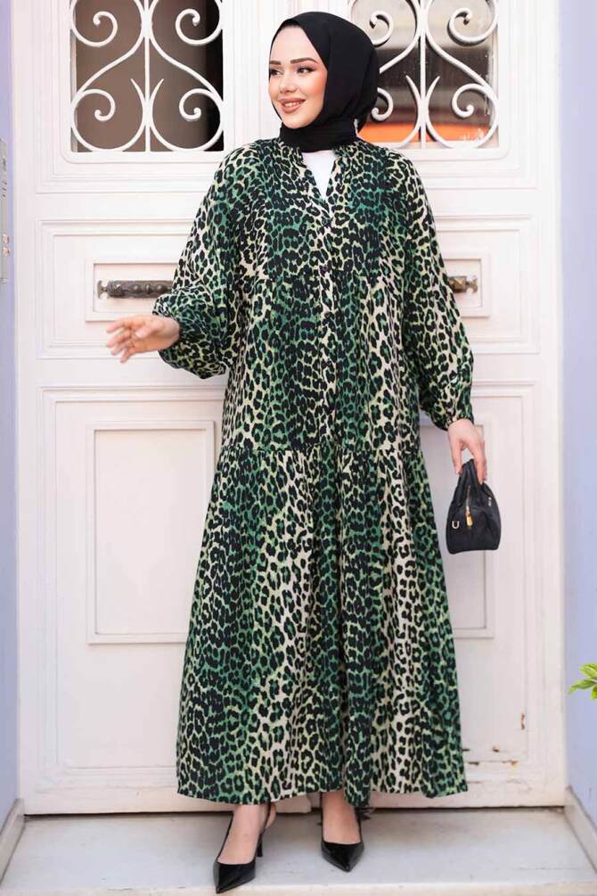 Leopar Desenli Yeşil Tesettür Elbise 52942Y - 1