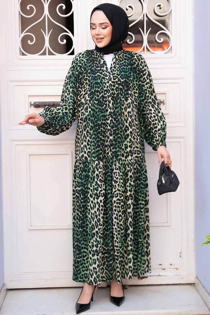 Leopar Desenli Yeşil Tesettür Elbise 52942Y - 2