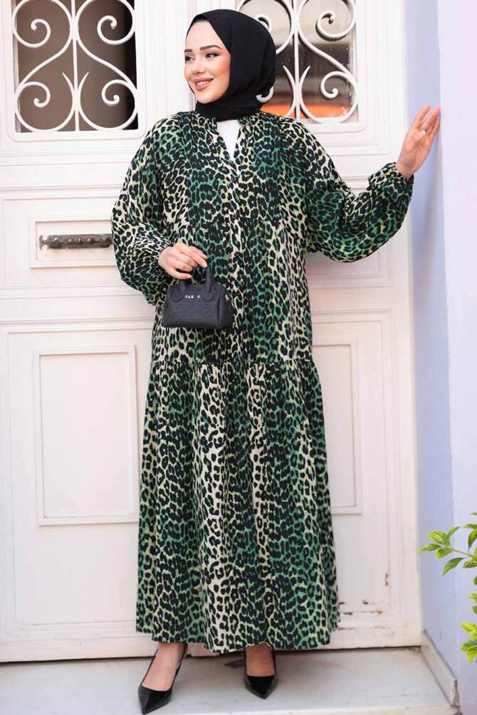 Leopar Desenli Yeşil Tesettür Elbise 52942Y - 3