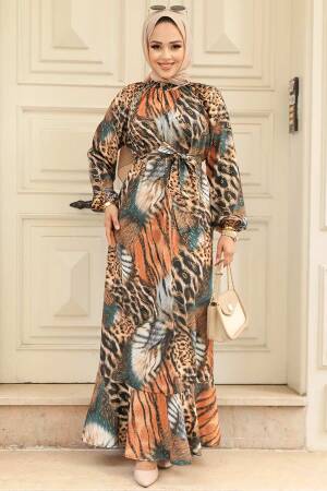  Leopar Desenli Zümrüt Yeşili Tesettür Elbise 25582ZY - 2