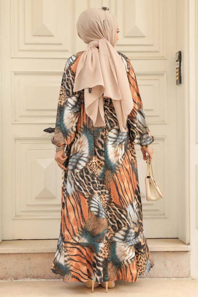  Leopar Desenli Zümrüt Yeşili Tesettür Elbise 25582ZY - 3