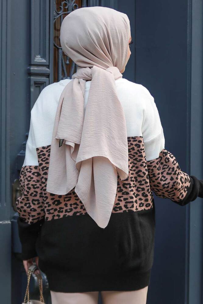 Leopar Detaylı Ekru Tesettür Triko Tunik Kazak 71503E - 5