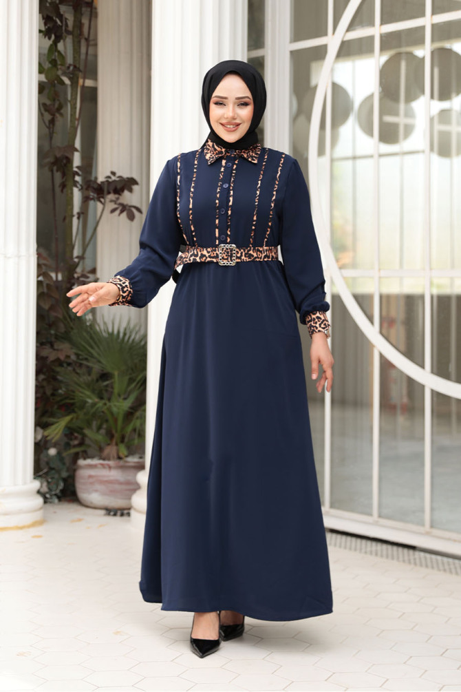 Leopar Detaylı Lacivert Tesettür Elbise 10246L - 1