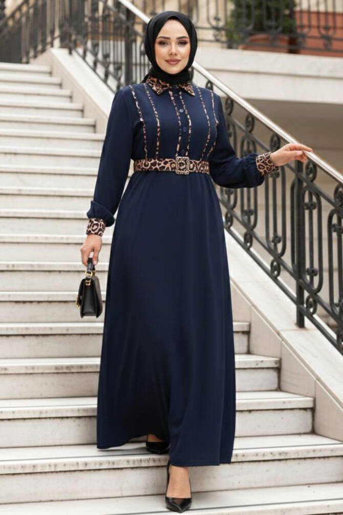 Leopar Detaylı Lacivert Tesettür Elbise 10246L - 1