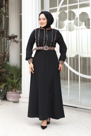 Leopar Detaylı Siyah Tesettür Elbise 10246S - 1
