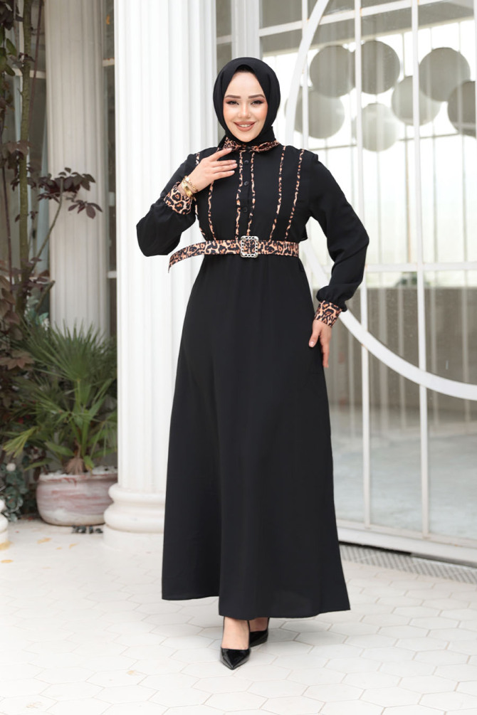 Leopar Detaylı Siyah Tesettür Elbise 10246S - 2