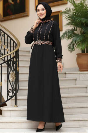 Leopar Detaylı Siyah Tesettür Elbise 10246S - 1