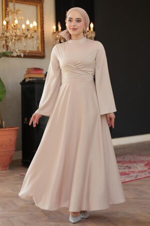 Tesettürlü Abiye Elbise - Bej Saten Tesettür Abiye Elbise 6157BEJ 
