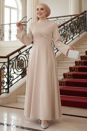Tesettürlü Abiye Elbise - Bej Saten Tesettür Abiye Elbise 6157BEJ 