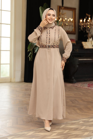 Leopar Detaylı Vizon Tesettür Elbise 10246V - 2