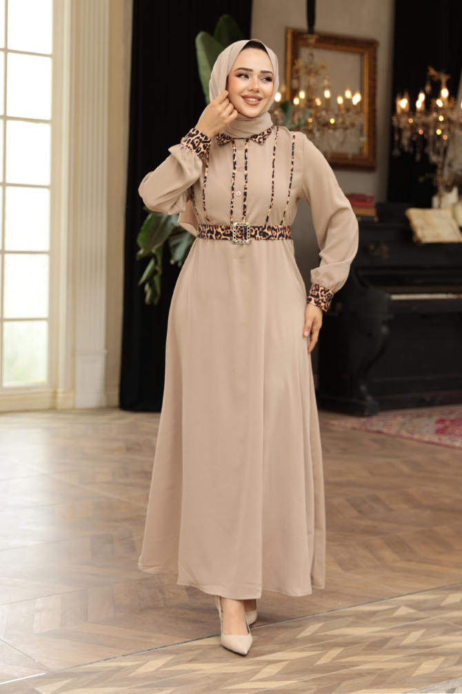 Leopar Detaylı Vizon Tesettür Elbise 10246V - 2