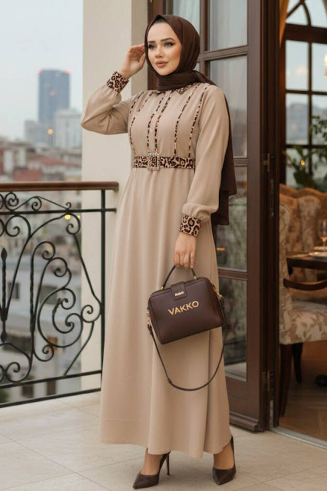 Leopar Detaylı Vizon Tesettür Elbise 10246V - 1