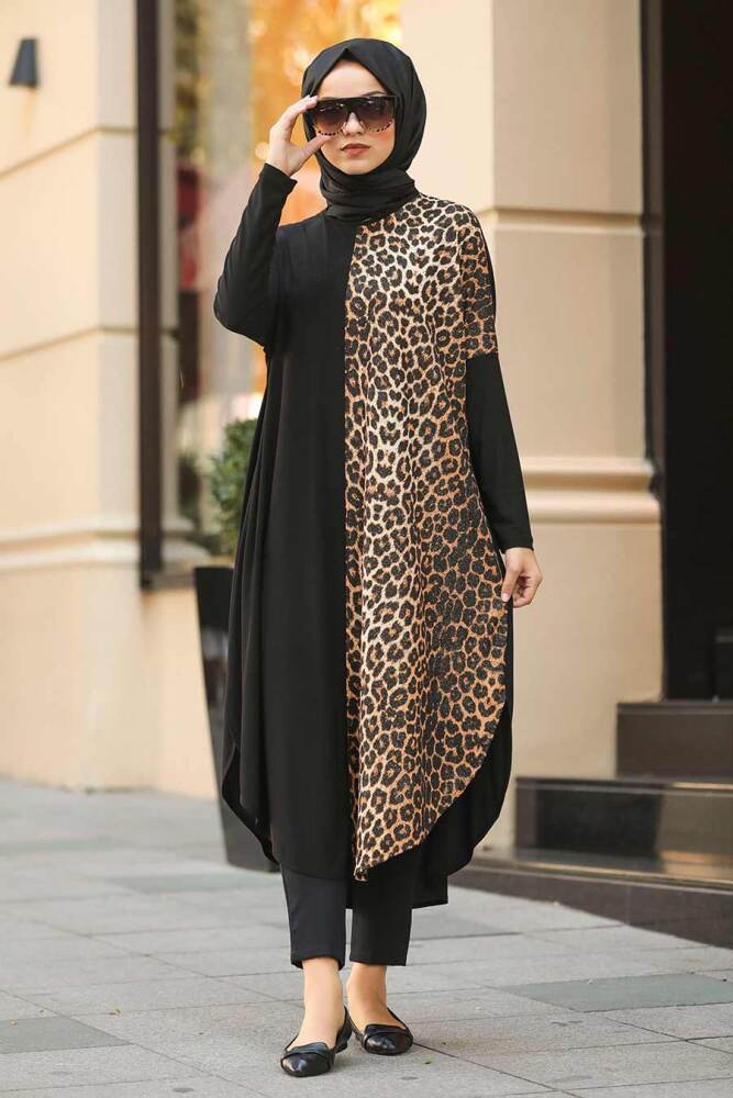 Leopard Patterned Black Hijab Tunic 4968S - 1