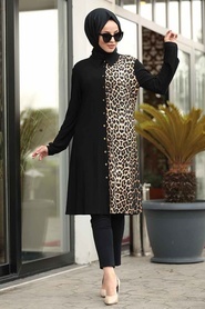 Leopard Patterned Black Hijab Tunic 4989S - Thumbnail
