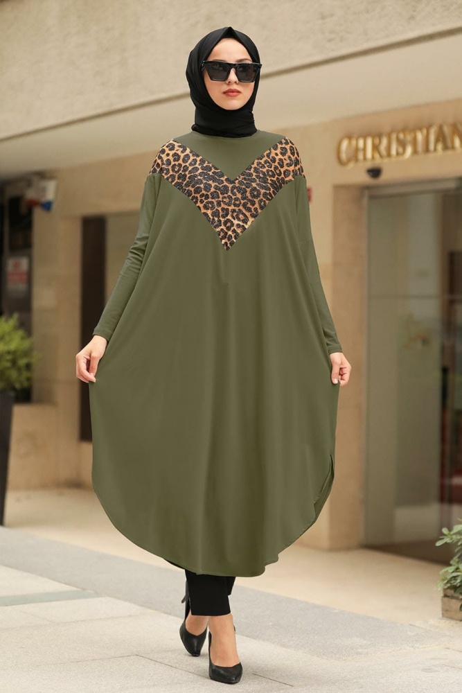 Leopard Patterned Khaki Hijab Tunic 40001HK - 1