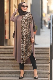 Leopard Patterned Mink Color Hijab Tunic4968V - Thumbnail