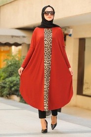 Leopard Patterned Terra Cotta Hijab Tunic 4846KRMT - Thumbnail