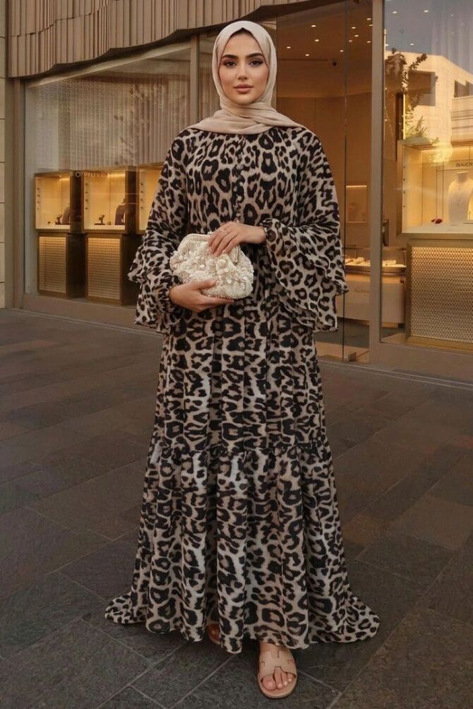 Leopard-Print Tie-Waist Leopard Modest Dress 2476LP - 1