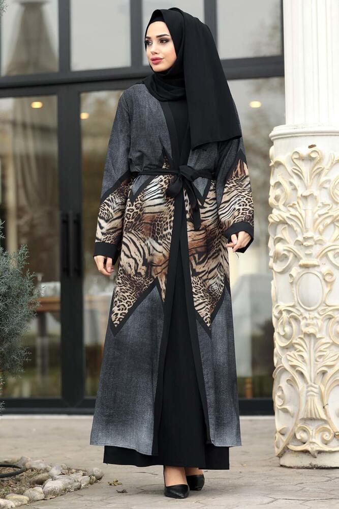 Leopared Patterned Black Hijab Abaya 8941S - 1