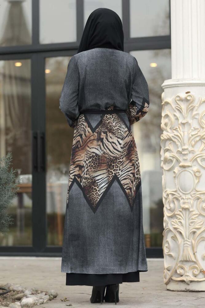 Leopared Patterned Black Hijab Abaya 8941S - 2