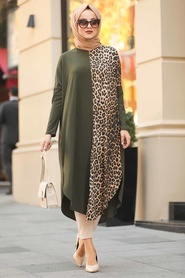 Leopared Patterned Khaki Hijab Tunic 4968HK - Thumbnail
