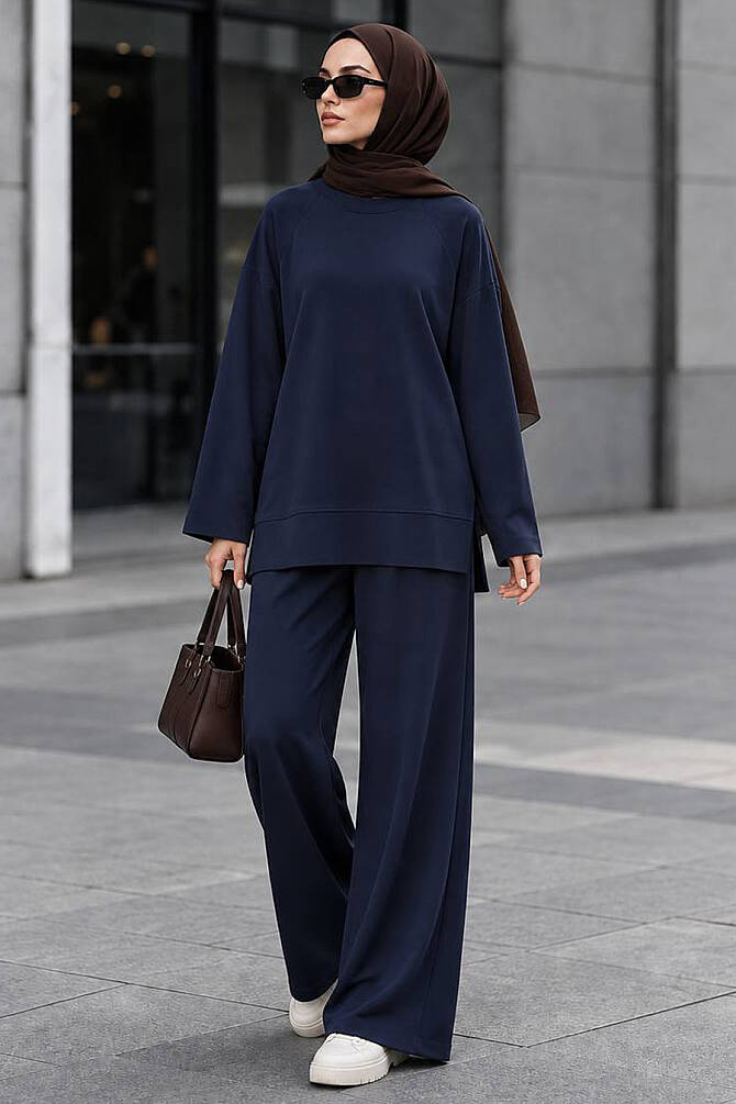 Raglan Kol Yan Yırtmaçlı Oysho Kumaş Lacivert Tesettür Pantolon Takım 3012L - 1