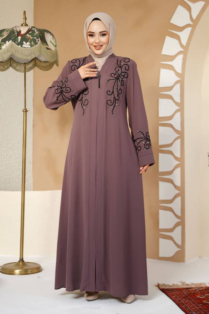 Light Dusty Rose Modest Abaya For Women 29107AGK - 2