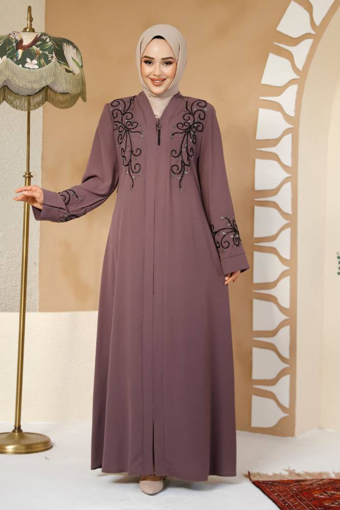 Light Dusty Rose Modest Abaya For Women 29107AGK - 3