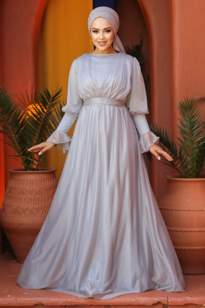 Neva Style - Light Grey Turkish Hijab Bridesmaid Dress 5367AGR - 1