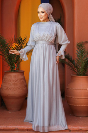 Neva Style - Light Grey Turkish Hijab Bridesmaid Dress 5367AGR - 3