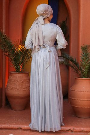 Neva Style - Light Grey Turkish Hijab Bridesmaid Dress 5367AGR - 4