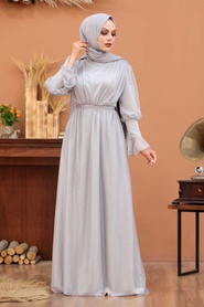 Neva Style - Light Grey Turkish Hijab Bridesmaid Dress 5367AGR - Thumbnail