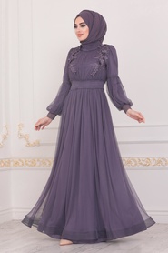 Dark Lila Hijab Evening Dress 40275KLILA - Thumbnail