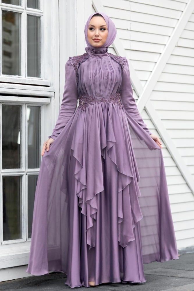 Neva Style - Luxury Lila Muslim Long Sleeve Dress 21850LILA - 1